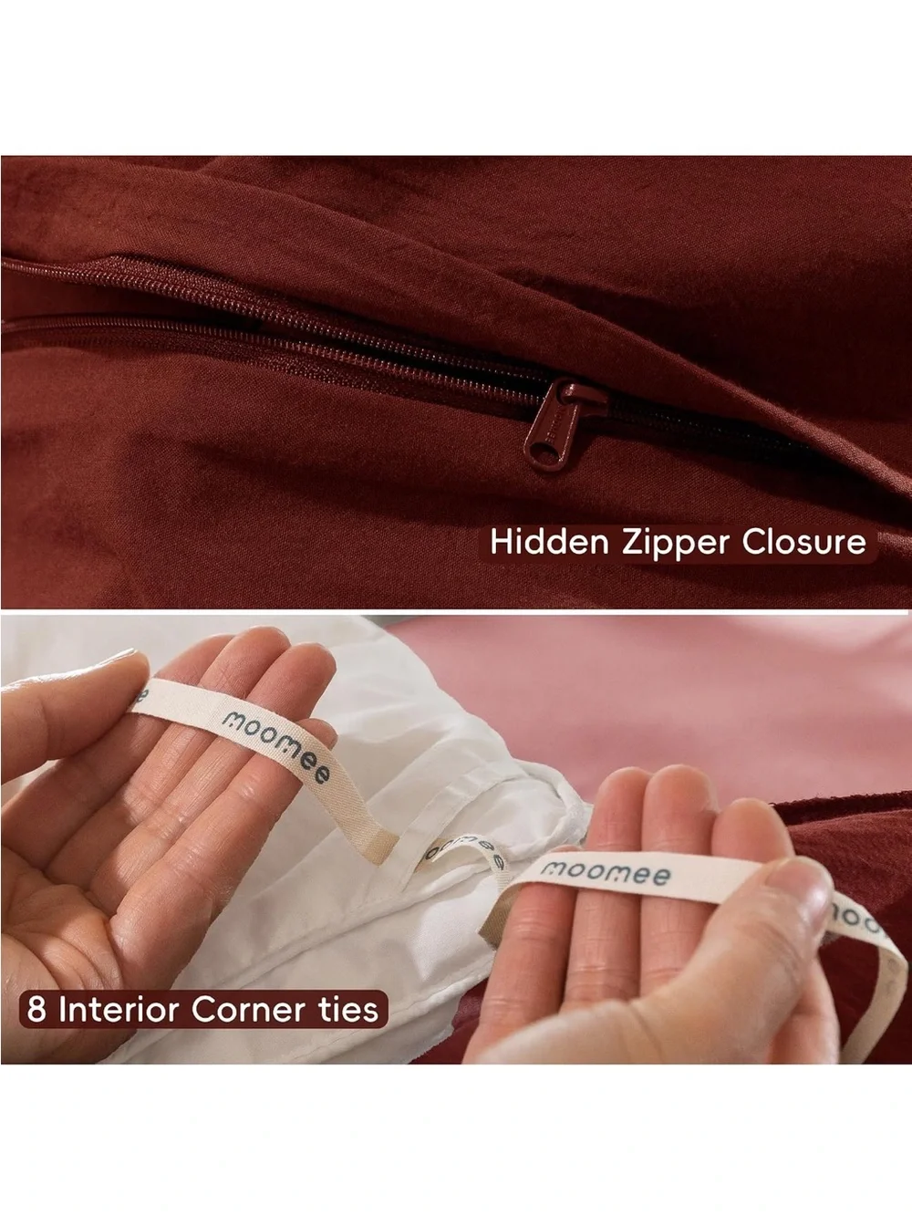NEW MooMee 100% Washed Cotton Duvet Cover Set. Linen Like Texture, Rusty red